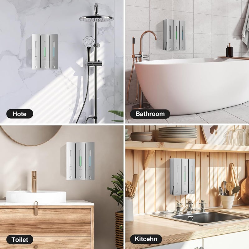 Aeakey Shampoo and Conditioner Dispenser - Wall-Mounted 3-Chamber Shower Soap Dispenser, No-Drill, 1200ML Capacity, for Bathroom & Hotel - Image 3